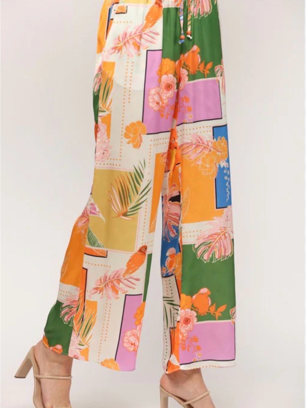 Fate Nordstrom Tropical Patchwork wide leg silky pants Orange Green Blue Pink